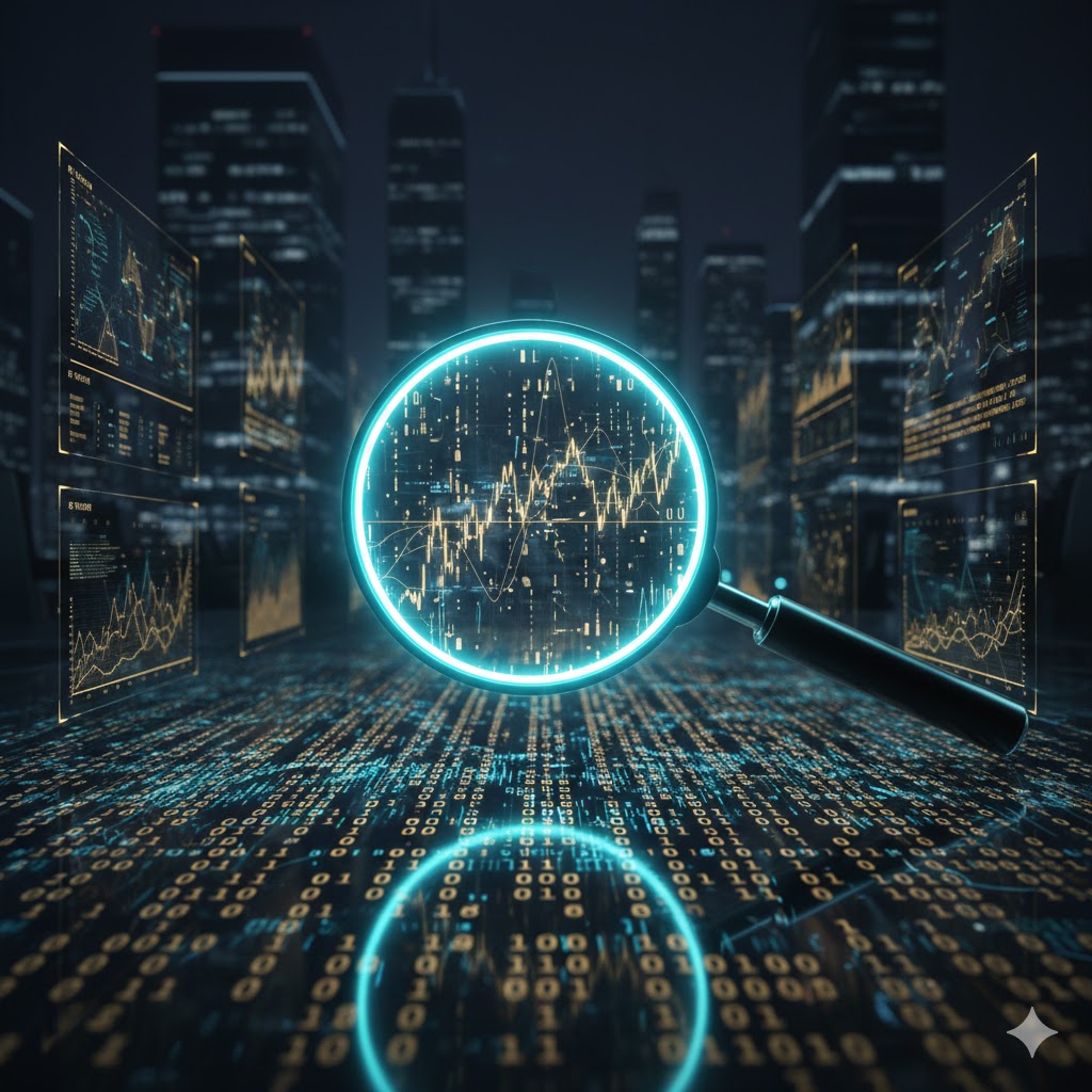Digital magnifying glass over financial data